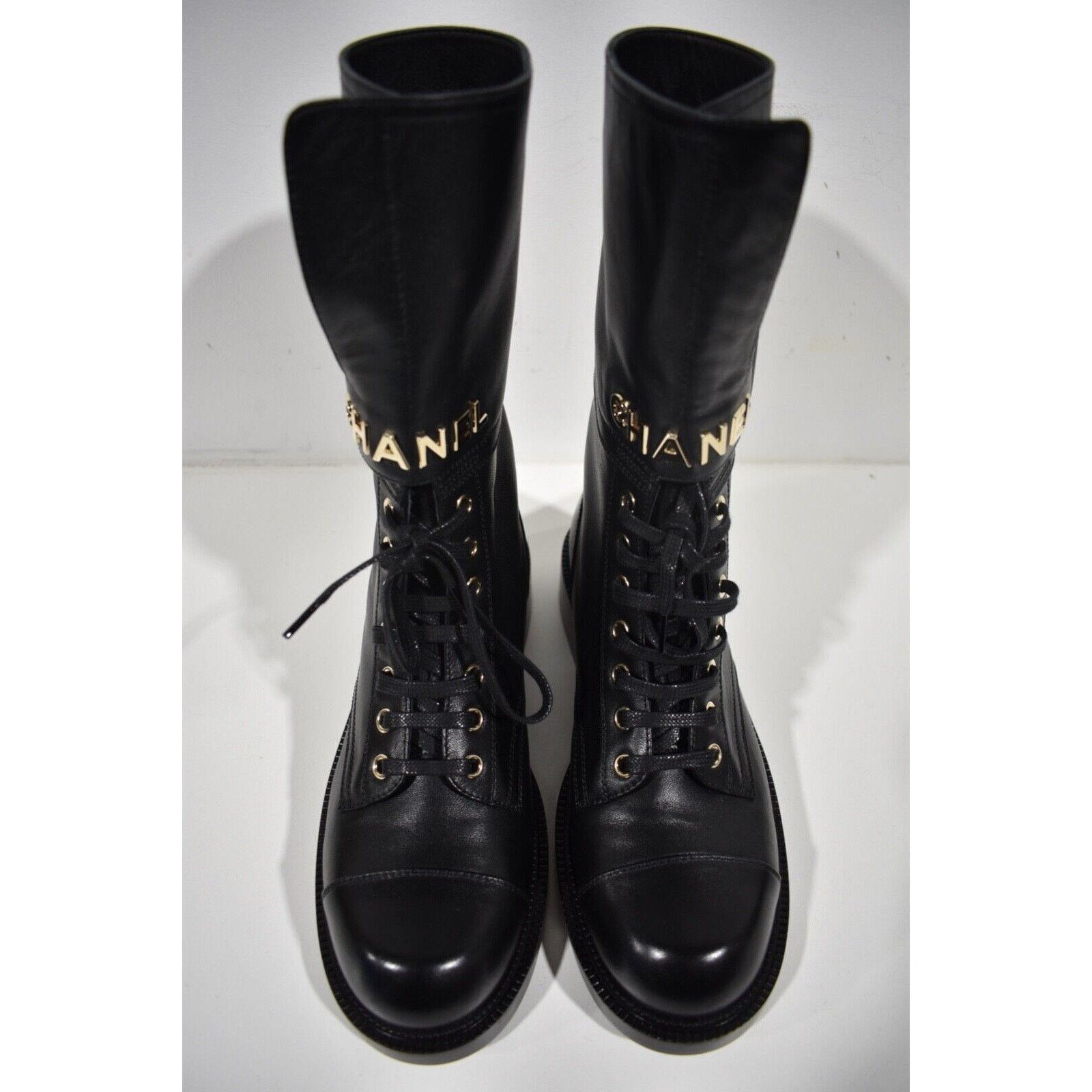 Chanel 22A Logo CC Combat Lace Up Tie Military Tall Boots 37.5 Size US 7.5 / IT 37.5 - 5 Thumbnail