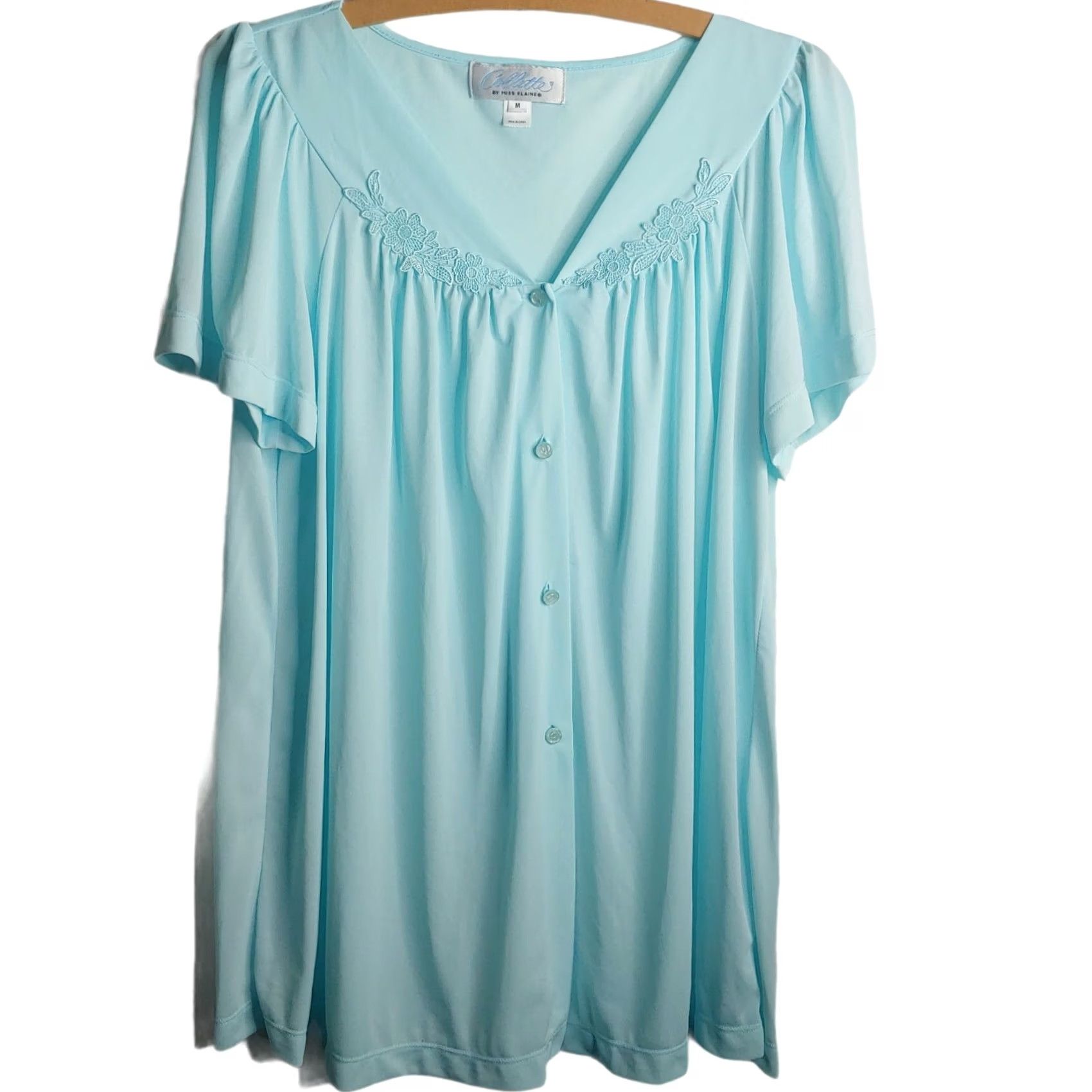 Vintage Colette by Miss Elaine Womens M Sleep Shirt Floral Button Up Nylon Light Blue Size M / US 6-8 / IT 42-44 - 4 Thumbnail