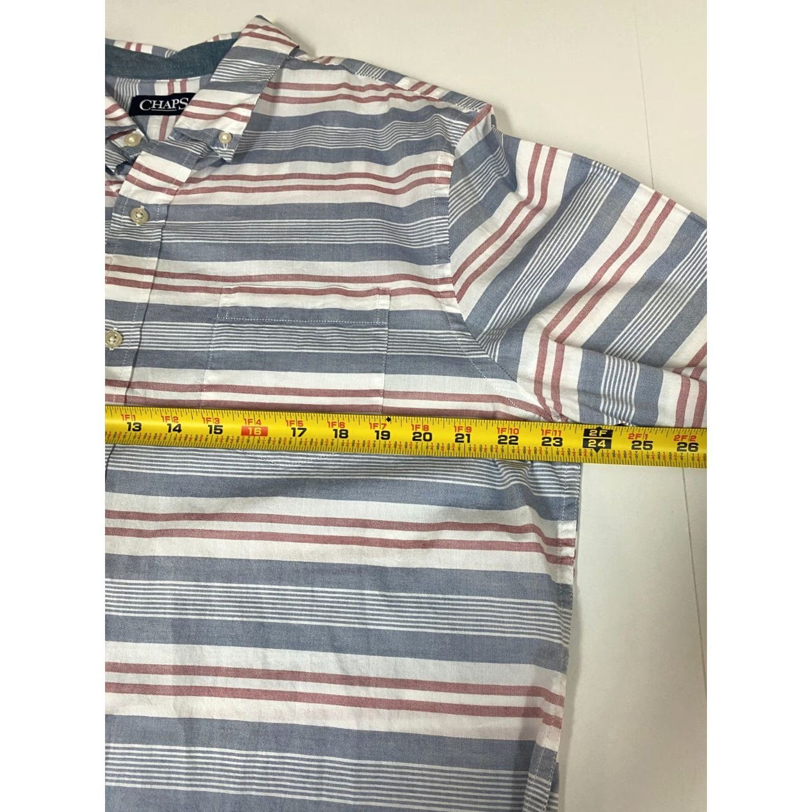 Chaps Chaps Shirt L Men Blue Striped Button-Down Short Sleeve Cotton Knit Casual Surf 90s? Size US L / EU 52-54 / 3 - 5 Thumbnail