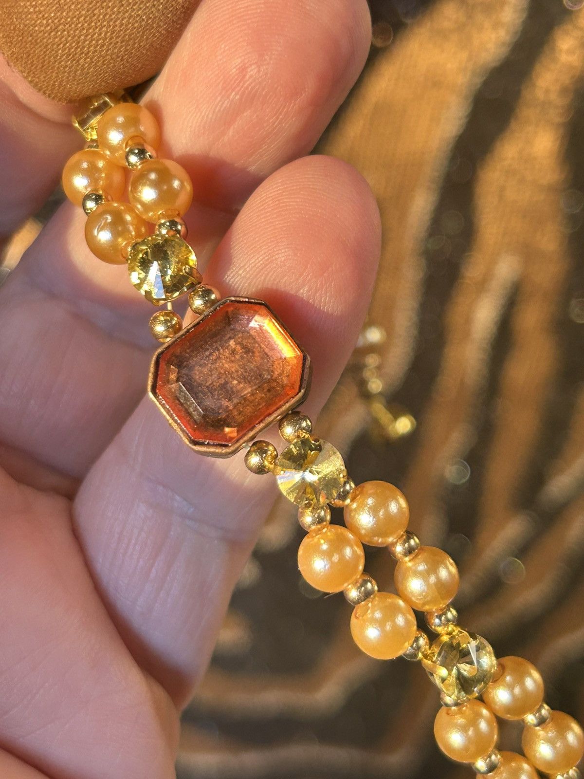 Handmade Handcrafted vintage gem citrine dome crystal pearl bracelet Size ONE SIZE - 8 Thumbnail