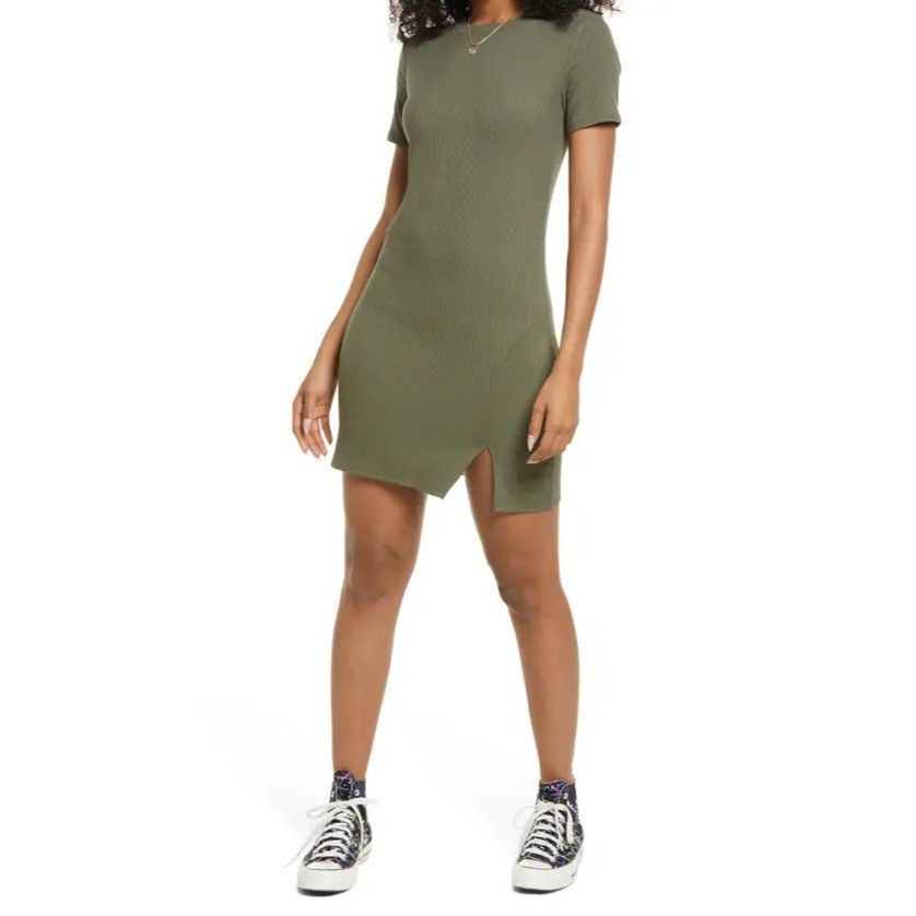 BP. BP. Front Slit Rib T-Shirt Dress in Olive Sarma, Sz. XS Size XS / US 0-2 / IT 36-38 - 2 Thumbnail