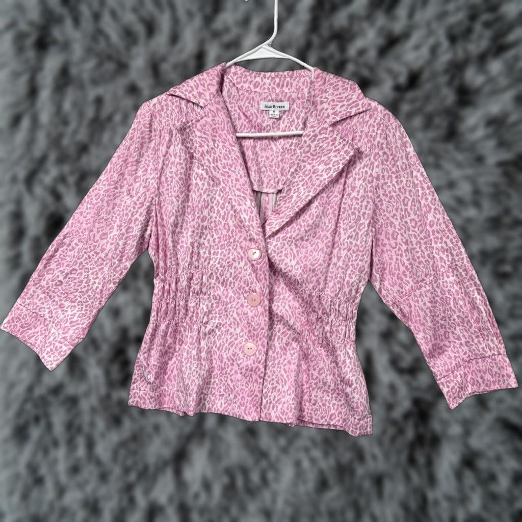Vintage Joan Rivers Blazer Womens M Pink Leopard Collared 3/4 Sleeve Notch Lapel Button Front Vintage No Size M / US 6-8 / IT 42-44 - 1 Thumbnail