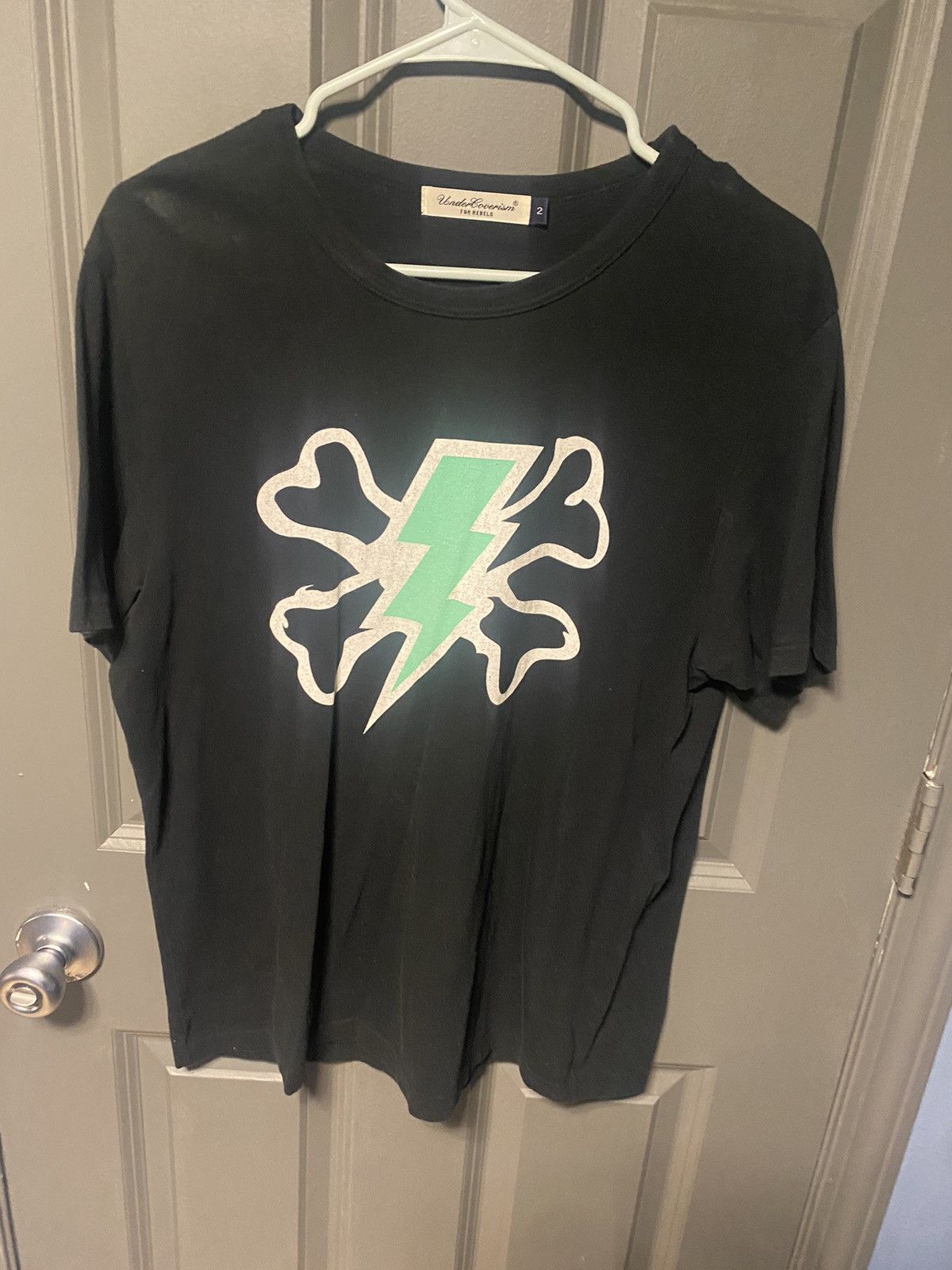 image of Undercover Neon Green Lighting Bolt Shirt in Black, Men's (Size Large)