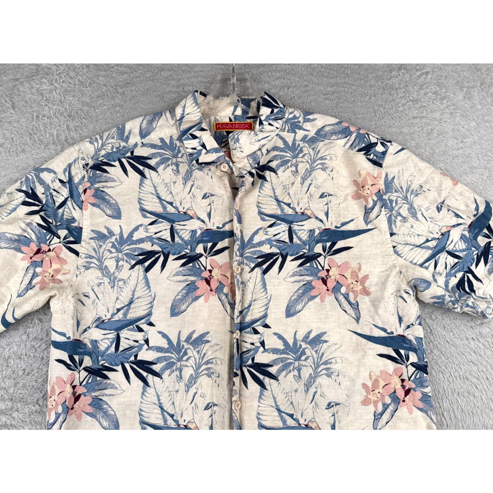 CO The Havanera Co Shirt Men Medium Gray Blue Hawaiian Floral Button Up Linen Blend Size US M / EU 48-50 / 2 - 4 Thumbnail