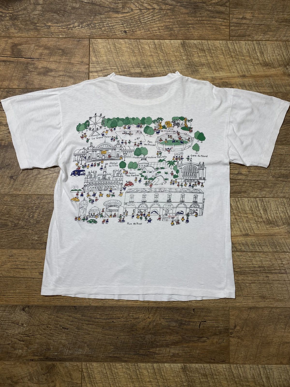 Vintage RARE Vintage 90s Paris City T-Shirt | Cartoon Map Graphic Size US L / EU 52-54 / 3 - 5 Thumbnail