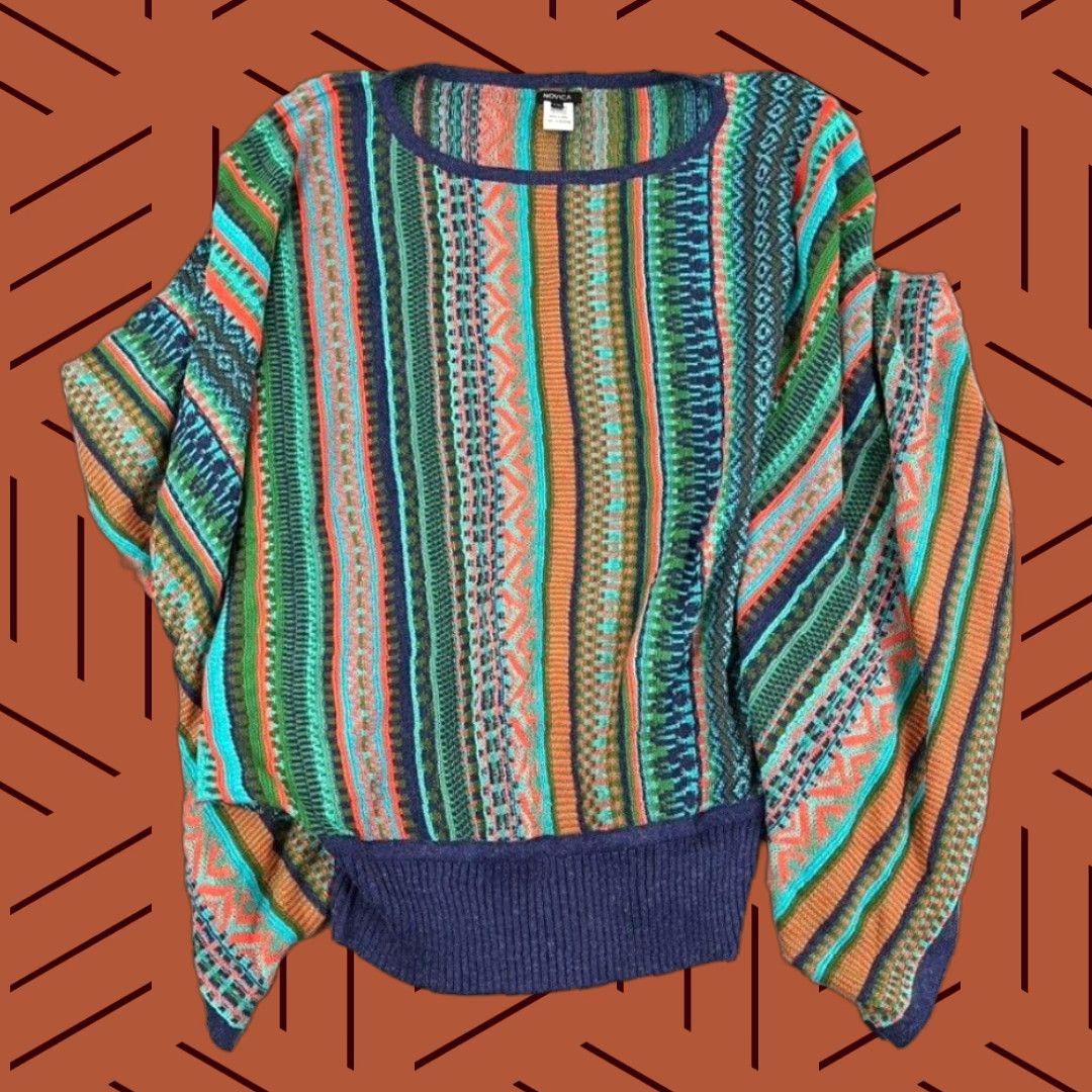 NOVICA Sweater Womens L/XL Multi Boho Striped Alpaca Blend Batwing Poncho