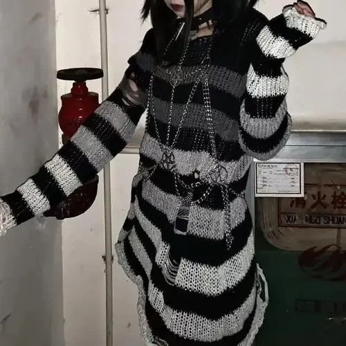 New Oversized Striped Design Goth Knitted Ripped Sweater