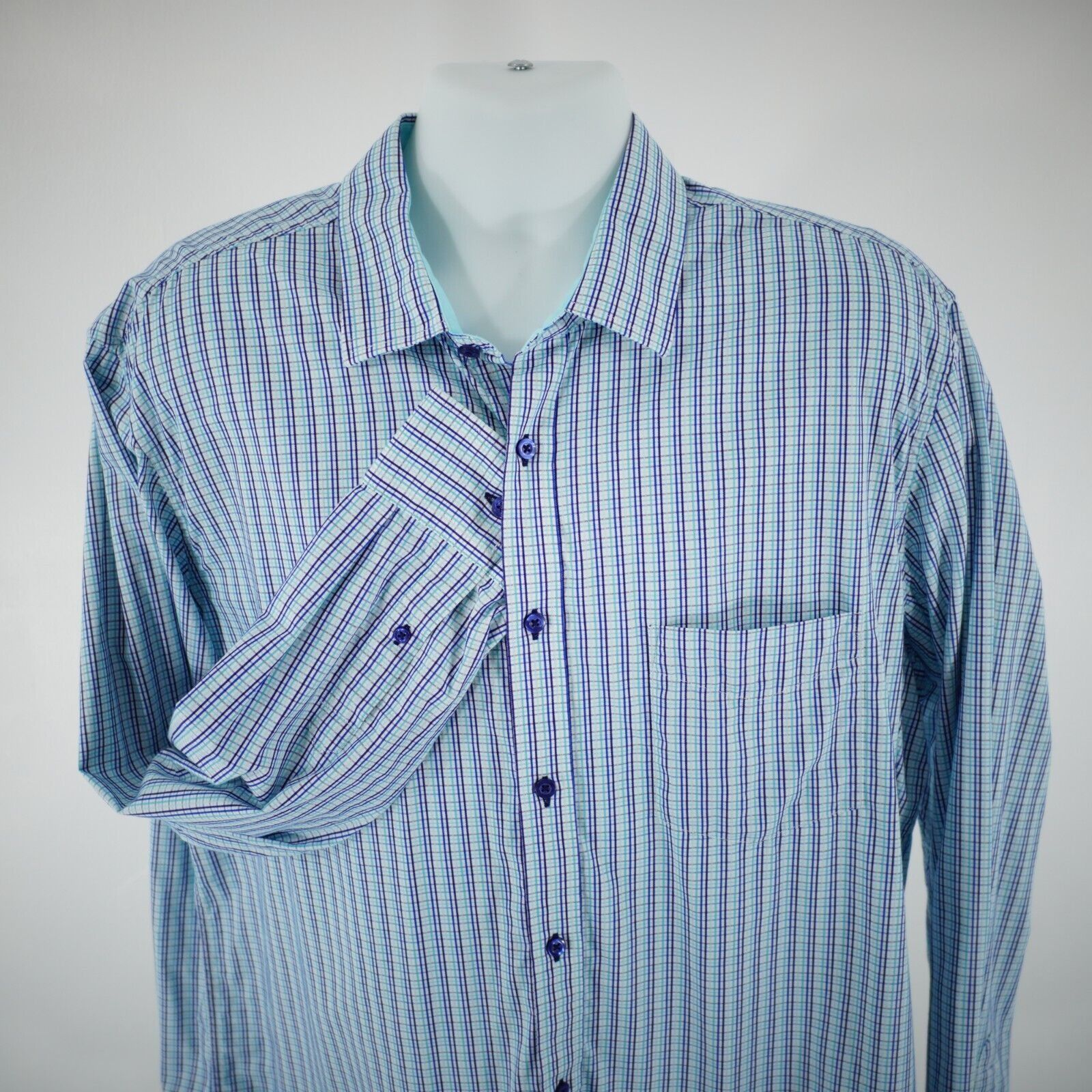 Tasso Elba Tasso Elba XL 17-17.5 Teal Purple White Check Pocket Front C Size US L / EU 52-54 / 3 - 1 Thumbnail