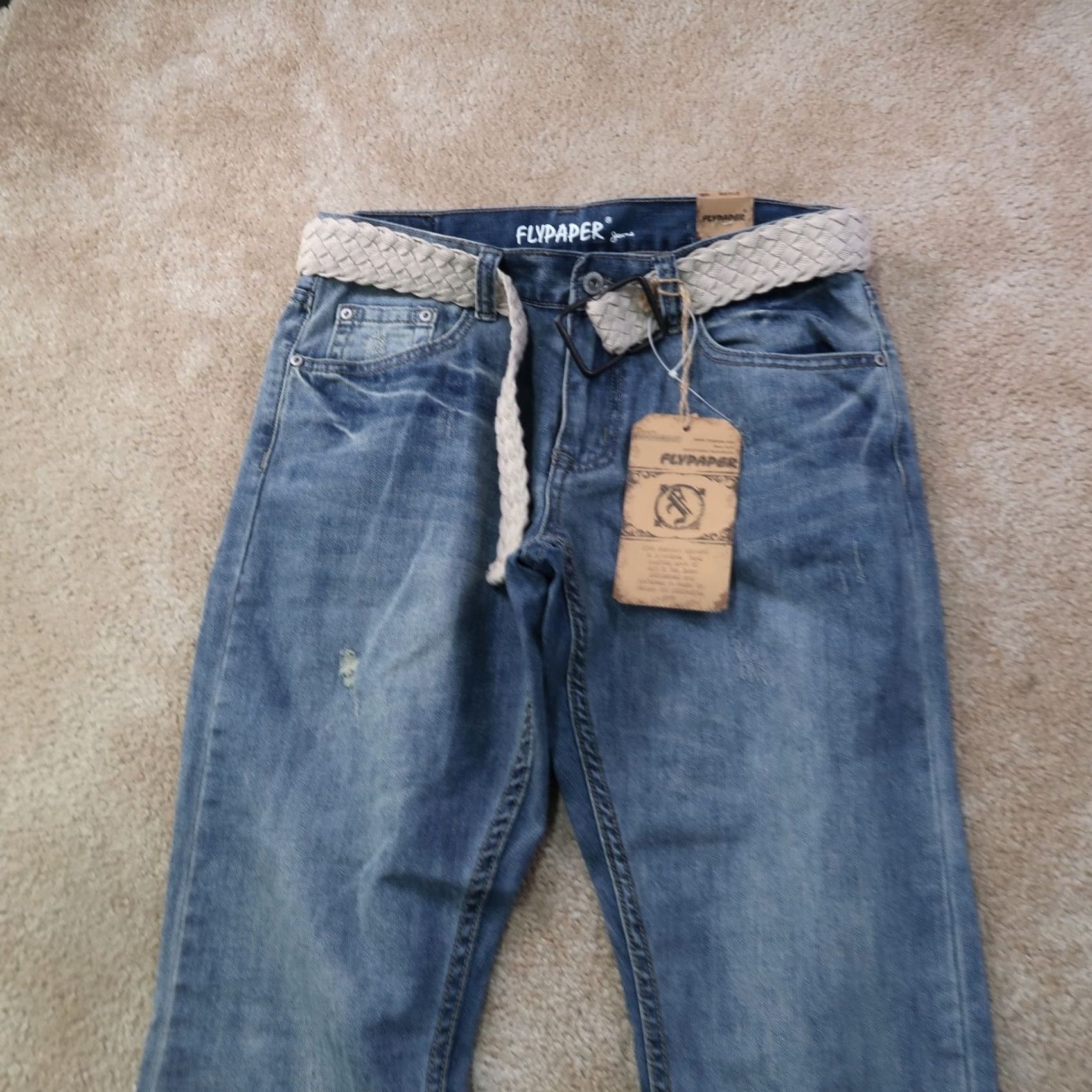 Denime Flypaper Jeans Men's 32x32 Blue Denim Belted Straight Leg 5-Pocket Mid Rise Distressed Stretch Regular Size US 32 / EU 48 - 2 Thumbnail