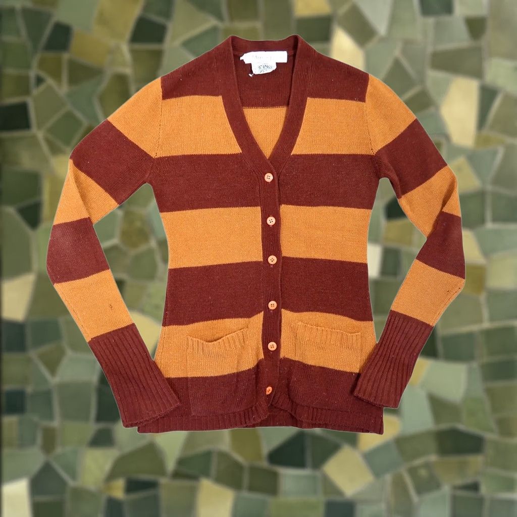 Vintage VINTAGE Mine Doll Cardigan Striped Rugby S Womens Brown Tan Long Sleeve V-Neck Sweater Clearance Size S / US 4 / IT 40 - 1 Thumbnail