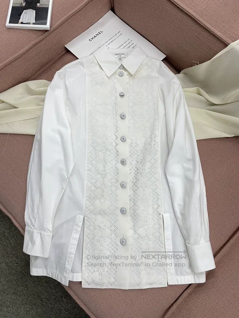 Chanel Chanel White stitching hollow lapel shirt long sleeves Size XXS / US 00 / IT 34 - 1 Thumbnail