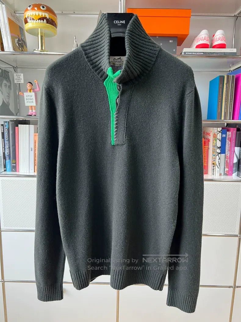 Hermes Hermes Olive Green Solid Half-Button Knit Rollneck - Men's Size US L / EU 52-54 / 3 - 1 Thumbnail
