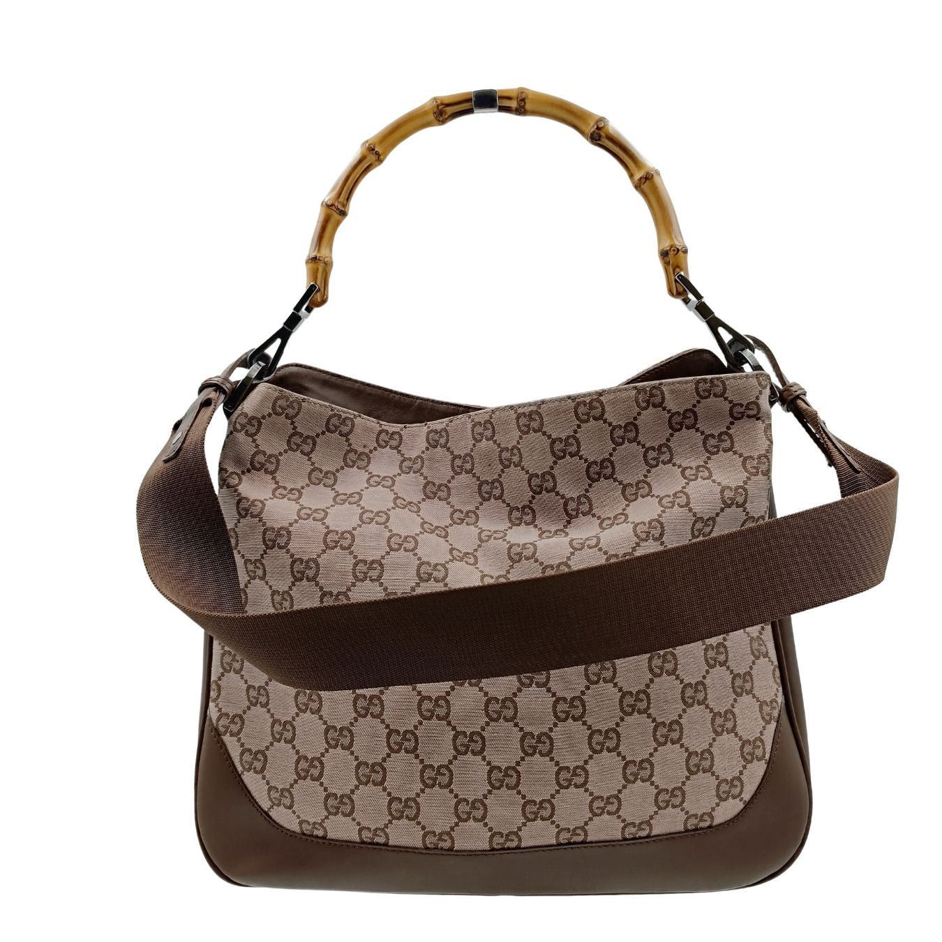 image of Gucci Gucci Gucci Bamboo Shoulder Bag In Monogram Canvas And Leather in Brown, Women's