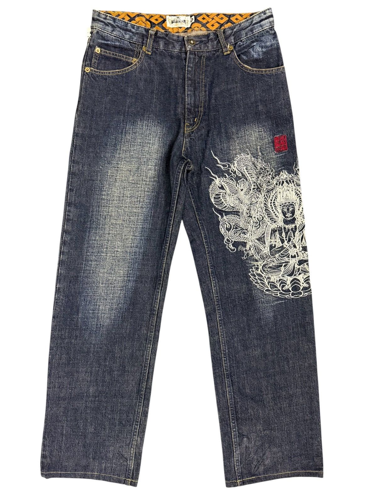 A1 KARAKURI TAMASHII BUDDHA AND DRAGON EMBROIDERED DENIM