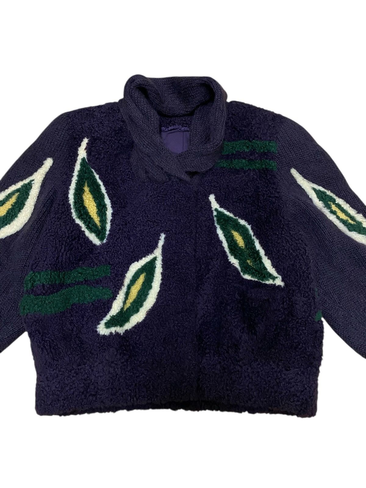 Japanese Brand Rare🔥 Lamb Fur Leaf Motive Hybrid Wool Knitwear Jacket (C4) Size US M / EU 48-50 / 2 - 1 Thumbnail