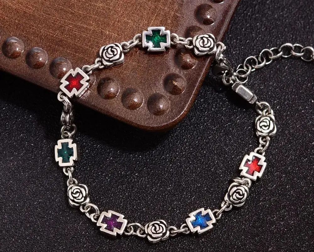 Jewelry x Silver Sweet Rose Flower Cross Shiny Colorful Crystal Bracelet, Men's