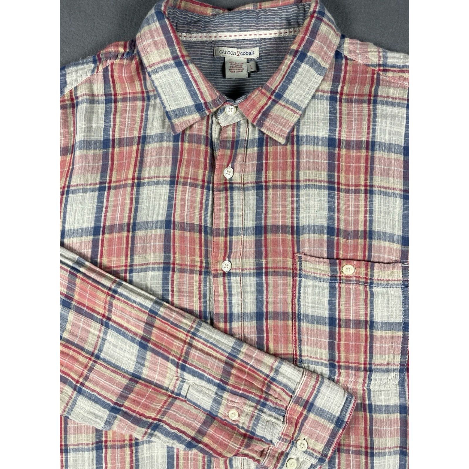 Carbon Carbon 2 Cobalt Shirt Long Sleeve Button-Up Plaid Red Men L Chambray 100% Cotton Button Regular Adult Mens Size US L / EU 52-54 / 3 - 2 Thumbnail