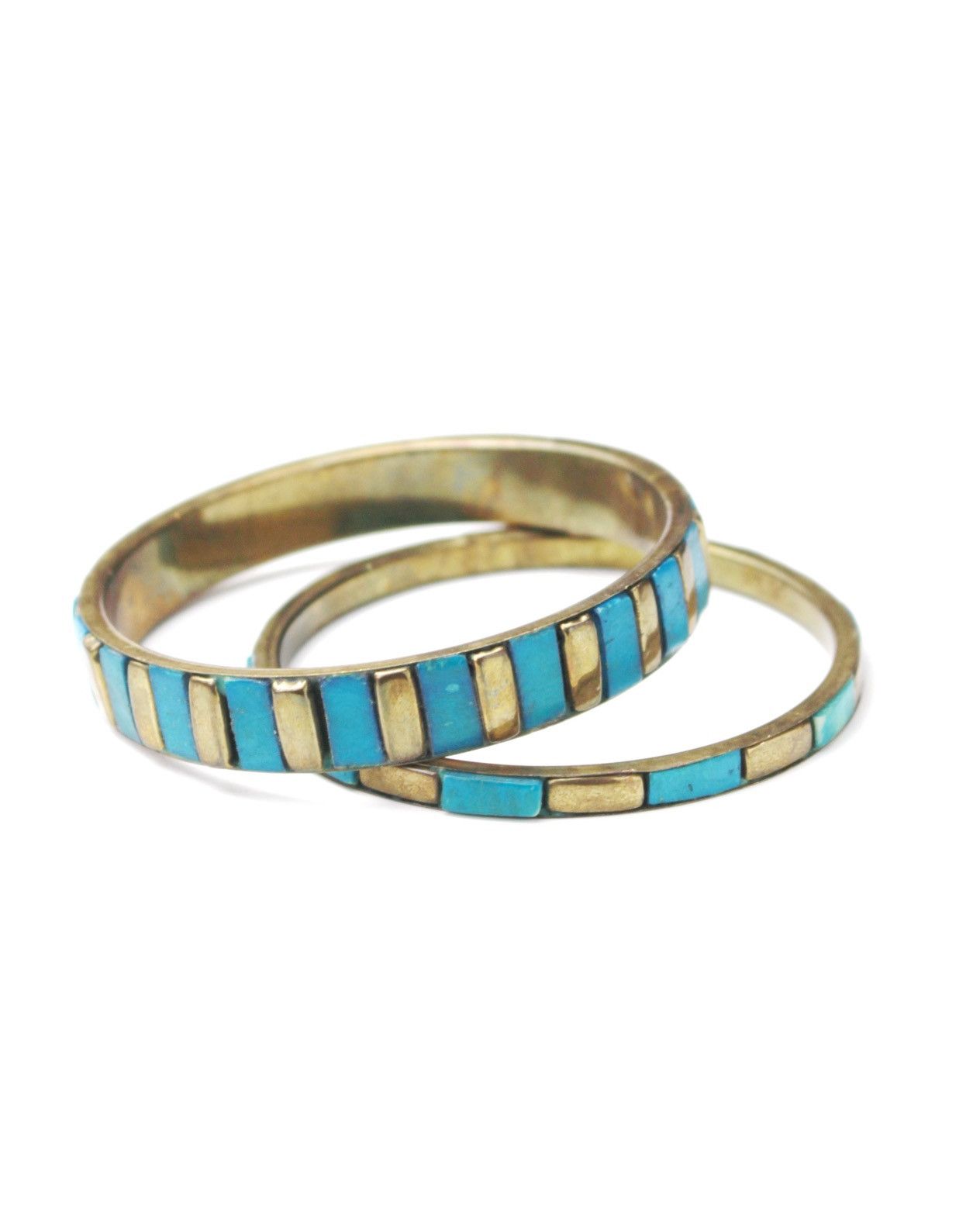 Vintage 1980S JAPANESE HANDCRAFTED TURQUOISE INLAY BRASS BANGLE SET Size ONE SIZE - 1 Thumbnail