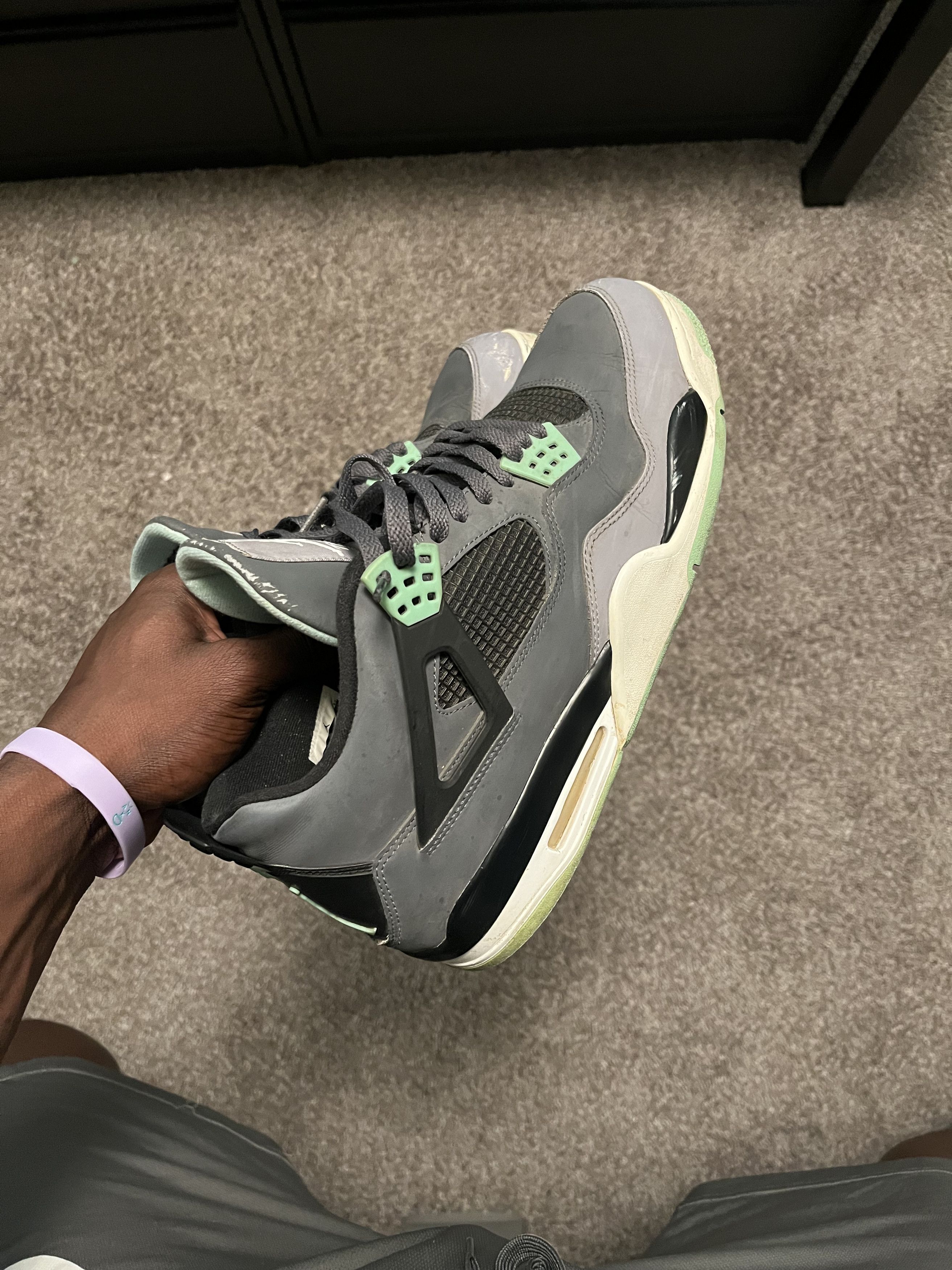 image of Green Glow Jordan 4 Shoes in Grey, Men's (Size 13)
