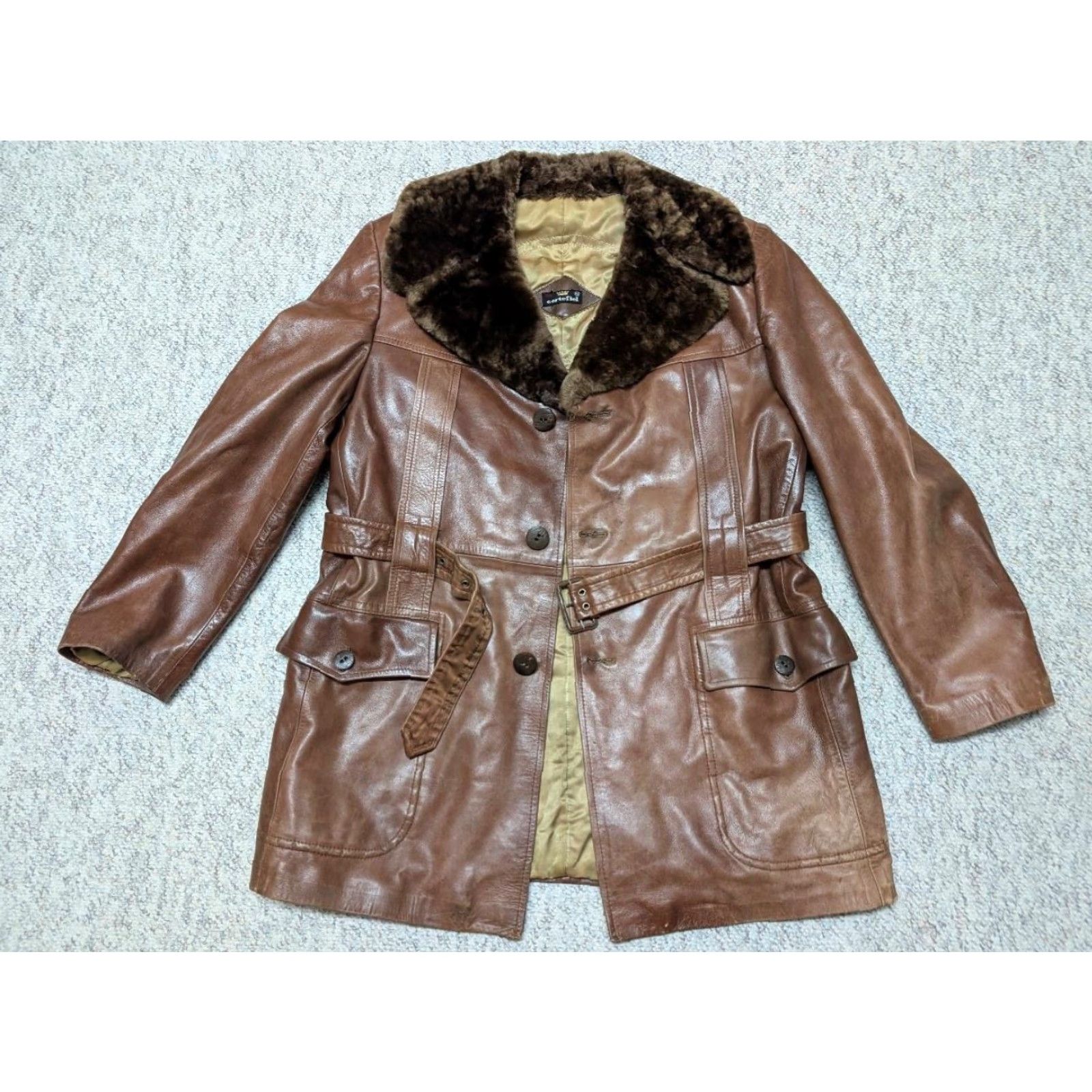 Vintage VINTAGE Cortefiel overcoat Men Belted Lambskin Leather 44 L Brown Fur Collar Coat Fur Barnstomer Norfolk Mouton Size US L / EU 52-54 / 3 - 6 Thumbnail