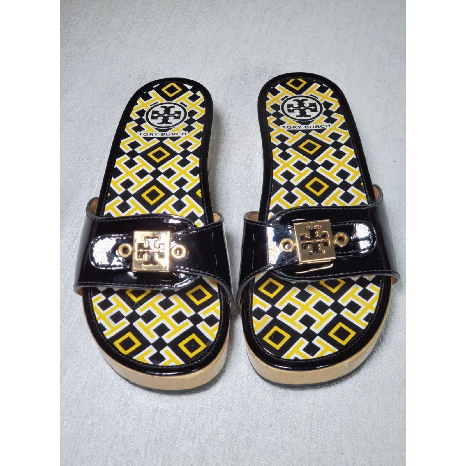 Tory Burch Tory Burch Dixon Patent Leather Wooden Clog Sandals Black Yellow Women US 8.5 Sandal Slip-On Block Heel Vintage No Size US 9 / IT 39 - 7 Thumbnail