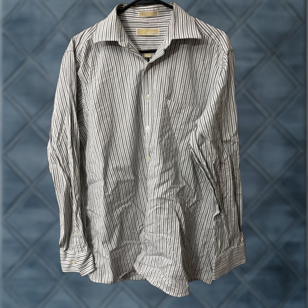 Michael Kors Michael Kors Dress Shirt White Striped Gray 16-34/35 Button Shirt 100% Cotton Men Long Sleeve Collared Spread Shirt 16 White Cotton Button-Up Mens Size 42R - 1 Thumbnail