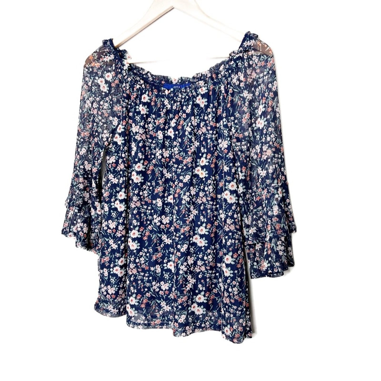 Apt. 9 APT.9 Women’s Floral Mesh Navy Blue Bohemian Blouse Top Size S / US 4 / IT 40 - 4 Thumbnail