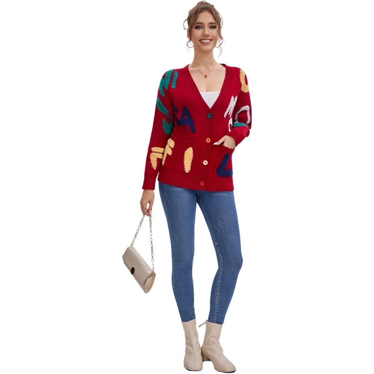 Other Women's Sheep Embroidered Sweater V-Neck Cardigan Red Size M Size M / US 6-8 / IT 42-44 - 4 Thumbnail