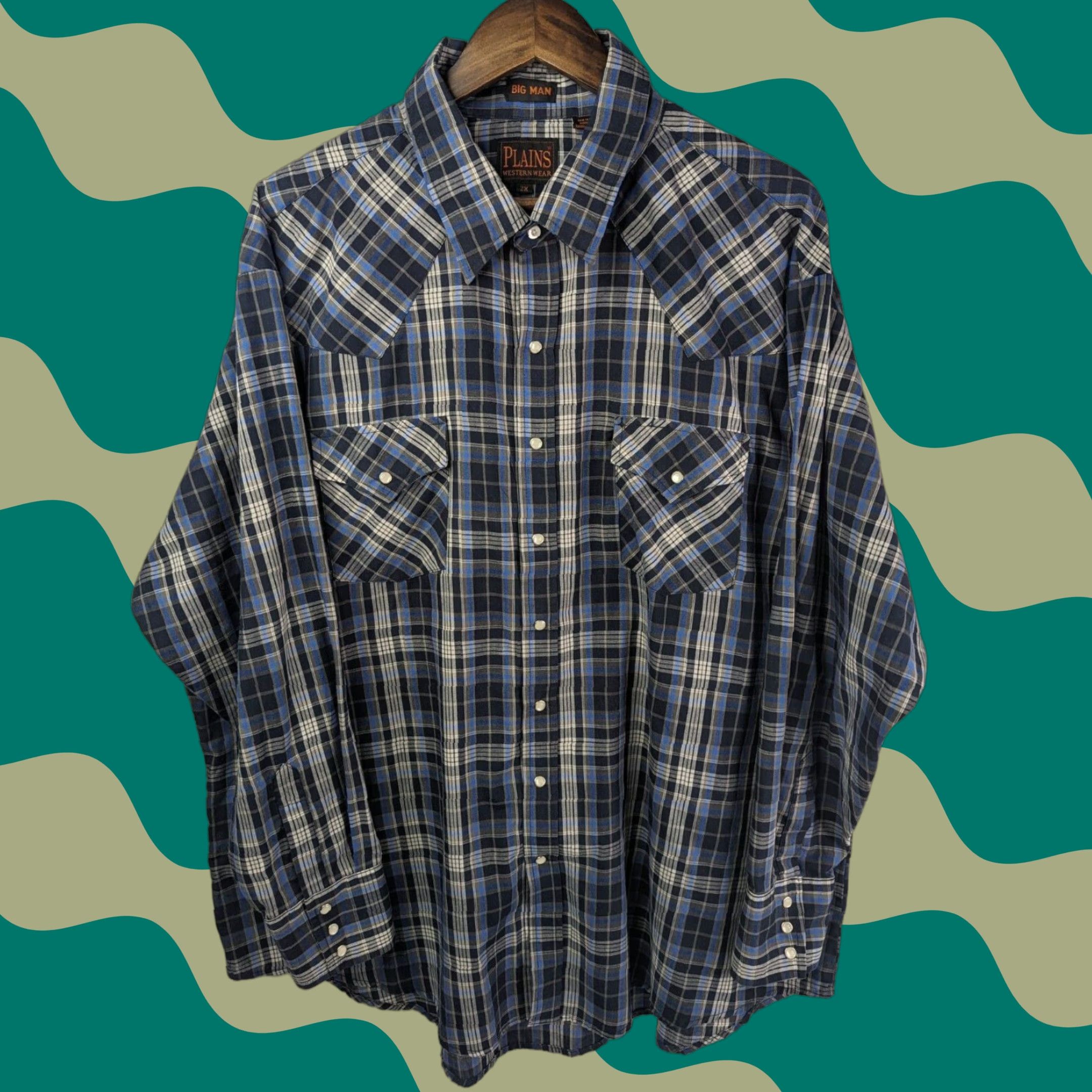 Vintage VINTAGE? (No) Plains Western Wear Shirt Mens 2X Blue Pearl Snap Big Man Plaid Cowboy Rodeo Size US XXL / EU 58 / 5 - 1 Thumbnail
