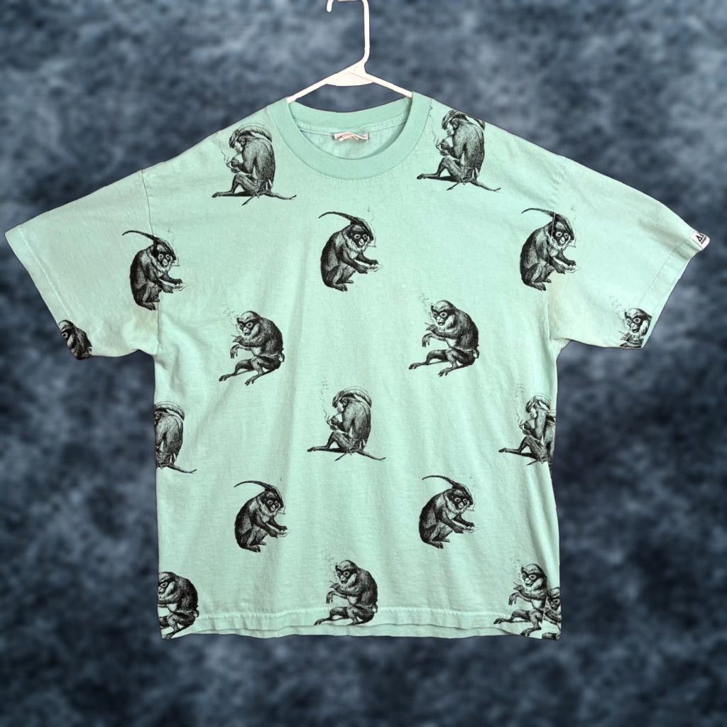 Vintage VINTAGE Akomplice T-Shirt Monkey Print Adult Mens Large Mint Green Shirt Short Sleeve Crew Neck 90s? Size US L / EU 52-54 / 3 - 1 Thumbnail