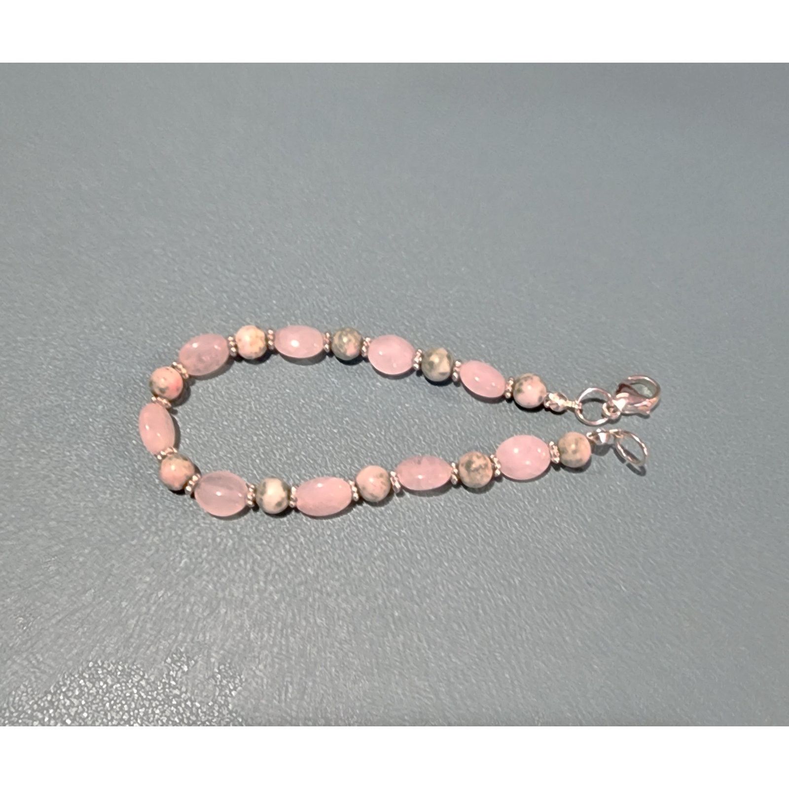 Vintage Sterling Silver Polished Rose Quartz Unakite Beaded Bracelet Size ONE SIZE - 5 Thumbnail