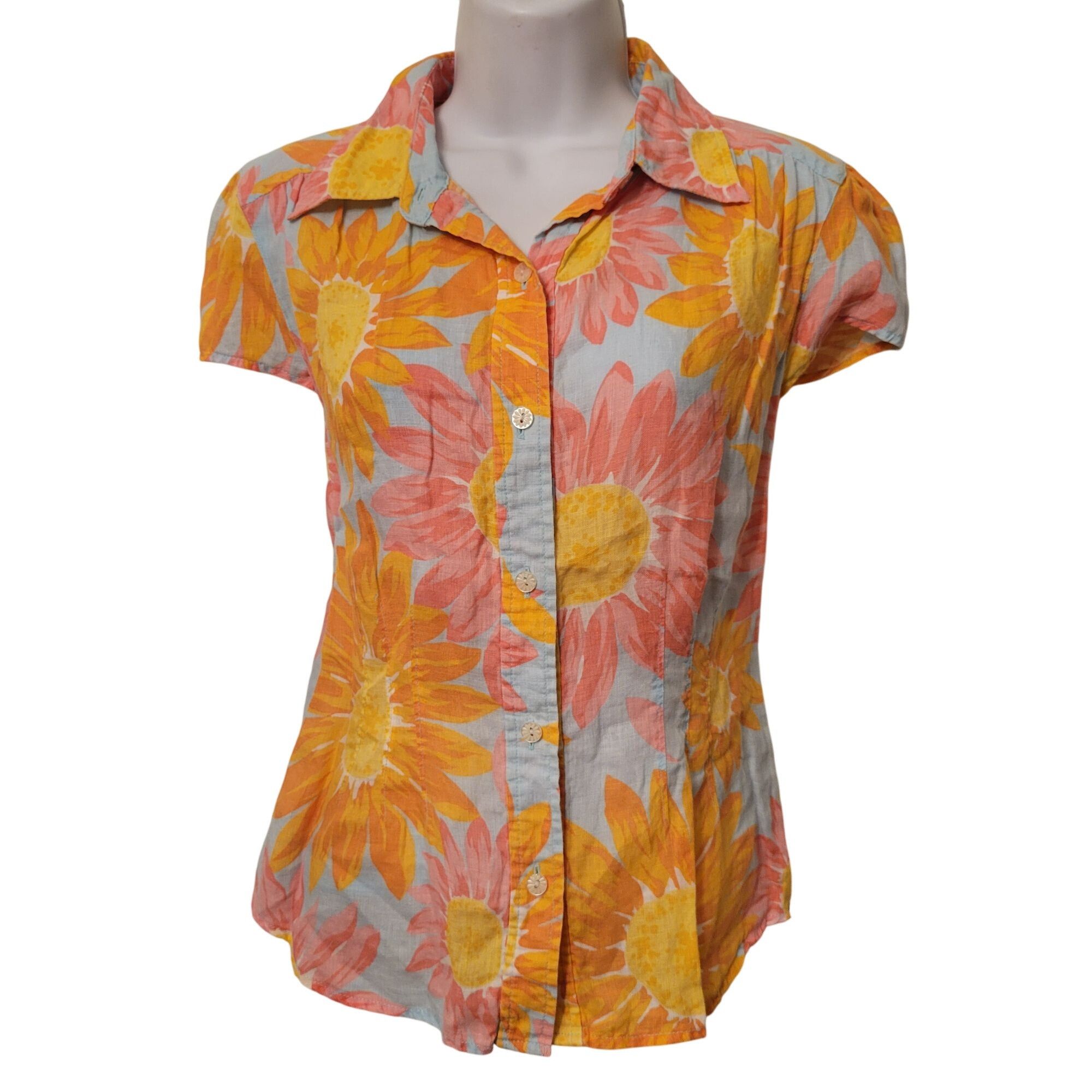 Liz Claiborne Liz Claiborne Sunflower Print Short Sleeve Button Up Blouse Size M / US 6-8 / IT 42-44 - 1 Thumbnail