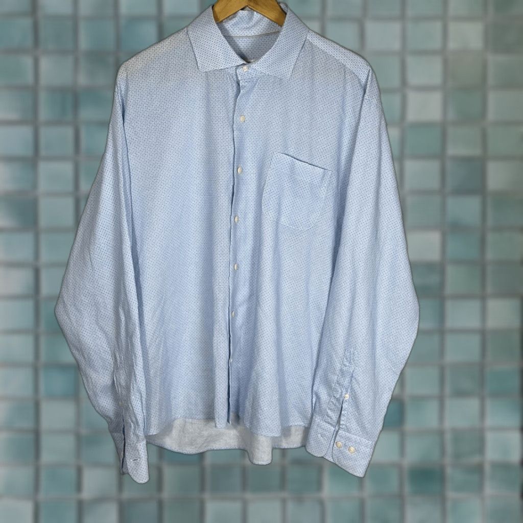 Peter Millar Peter Millar Shirt Men's XL Blue White Geometric Linen Blend Tolland Sport Button-Up Long Sleeve Multicolor Geometric Pattern Size US XL / EU 56 / 4 - 1 Thumbnail