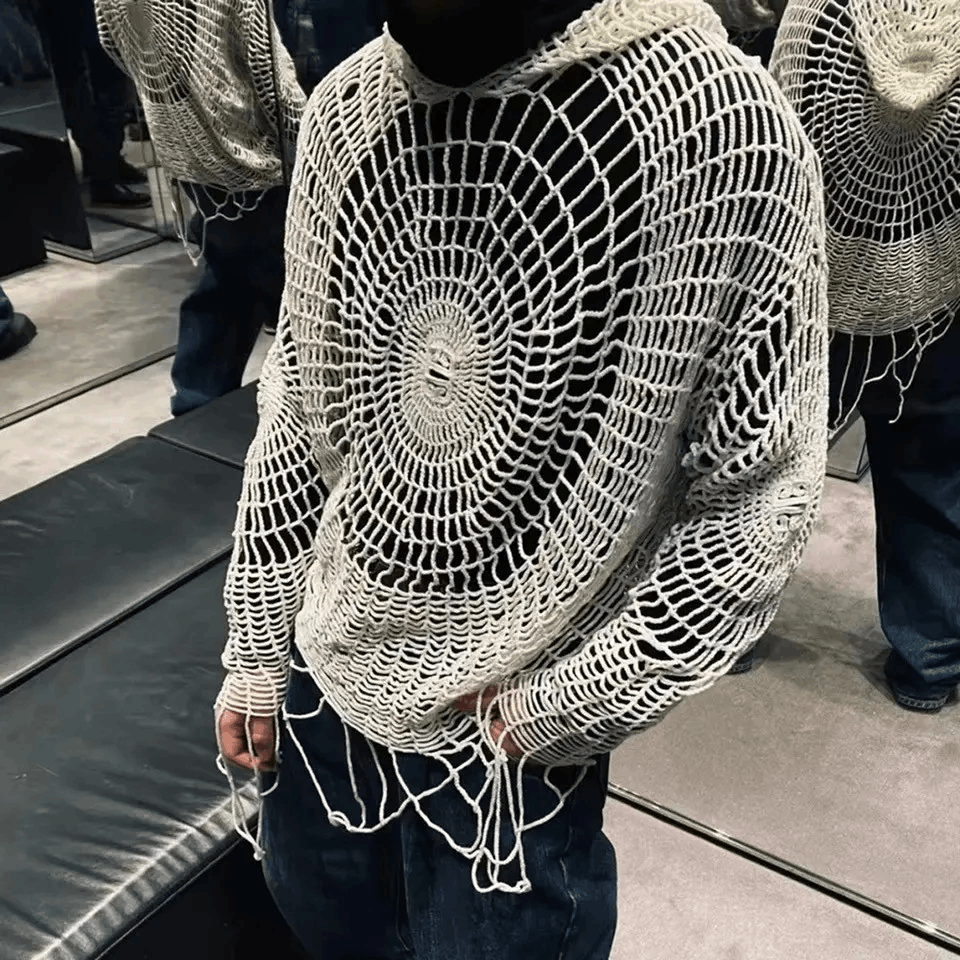 Y2K Spider Web with Holes Hooded Pullover Knitted Sweater