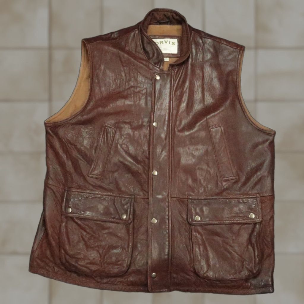 Orvis Orvis Mens XL Brown Leather Full Zip Lined Vest Pockets Hiking Hunting Casual Workwear Winter Spring Fall Mens Size US XL / EU 56 / 4 - 1 Thumbnail