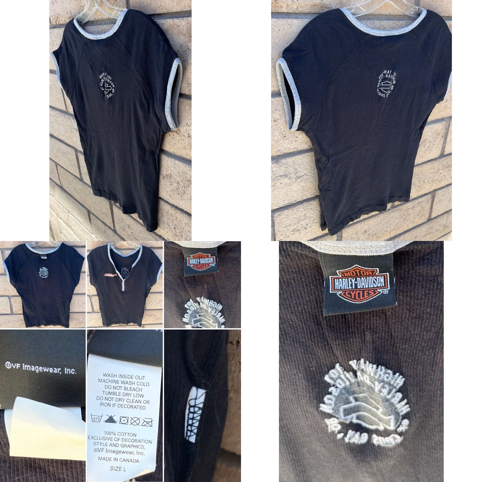 Harley Davidson Harley-Davidson Womens Ribbed Henley T Shirt Black Y2K Fitted Motorcycle Top L Size L / US 10 / IT 46 - 8 Thumbnail