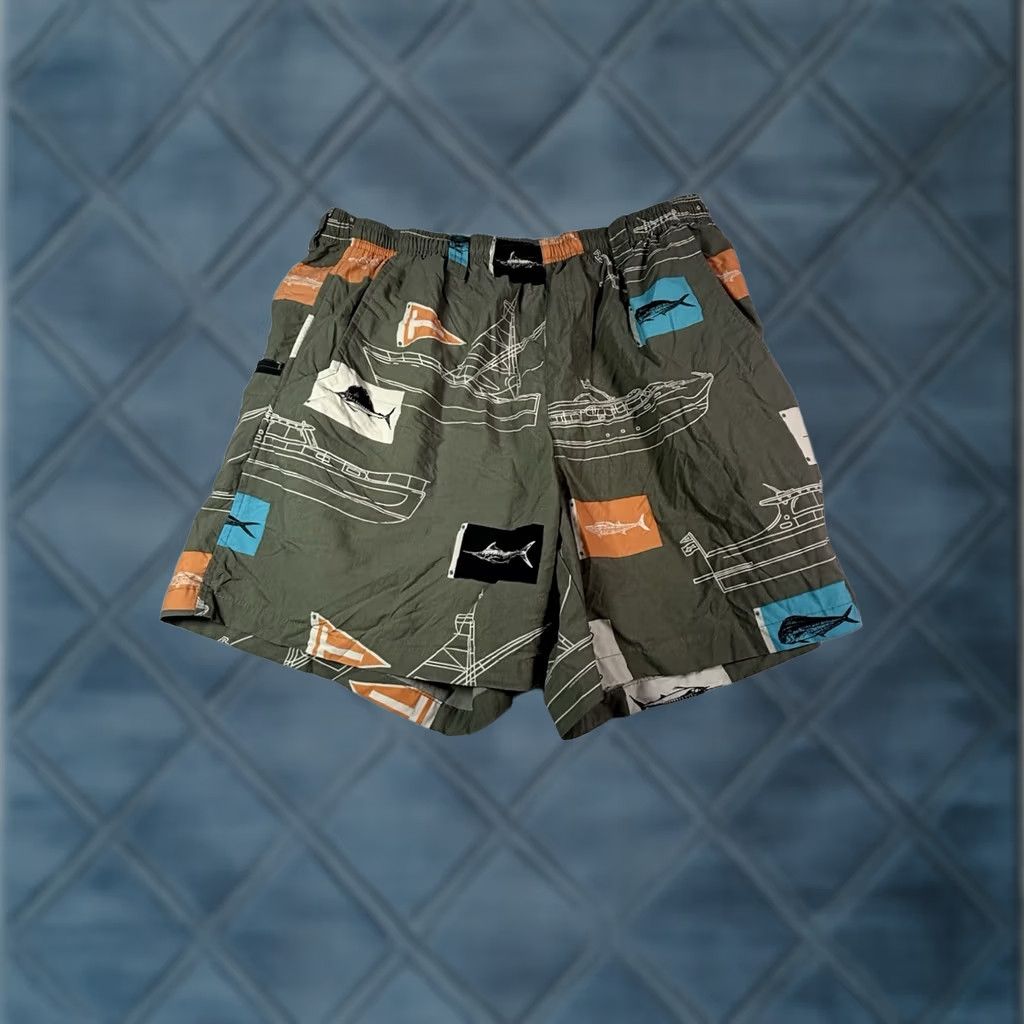 Vintage Columbia PFG Mens Shorts Bermuda Regular Nylon Polyester Blue Fish Print Navy Flags Martini Boat Quick Dry Lightweight Elastic Waist Drawstring Muscle Size US 31 - 1 Thumbnail