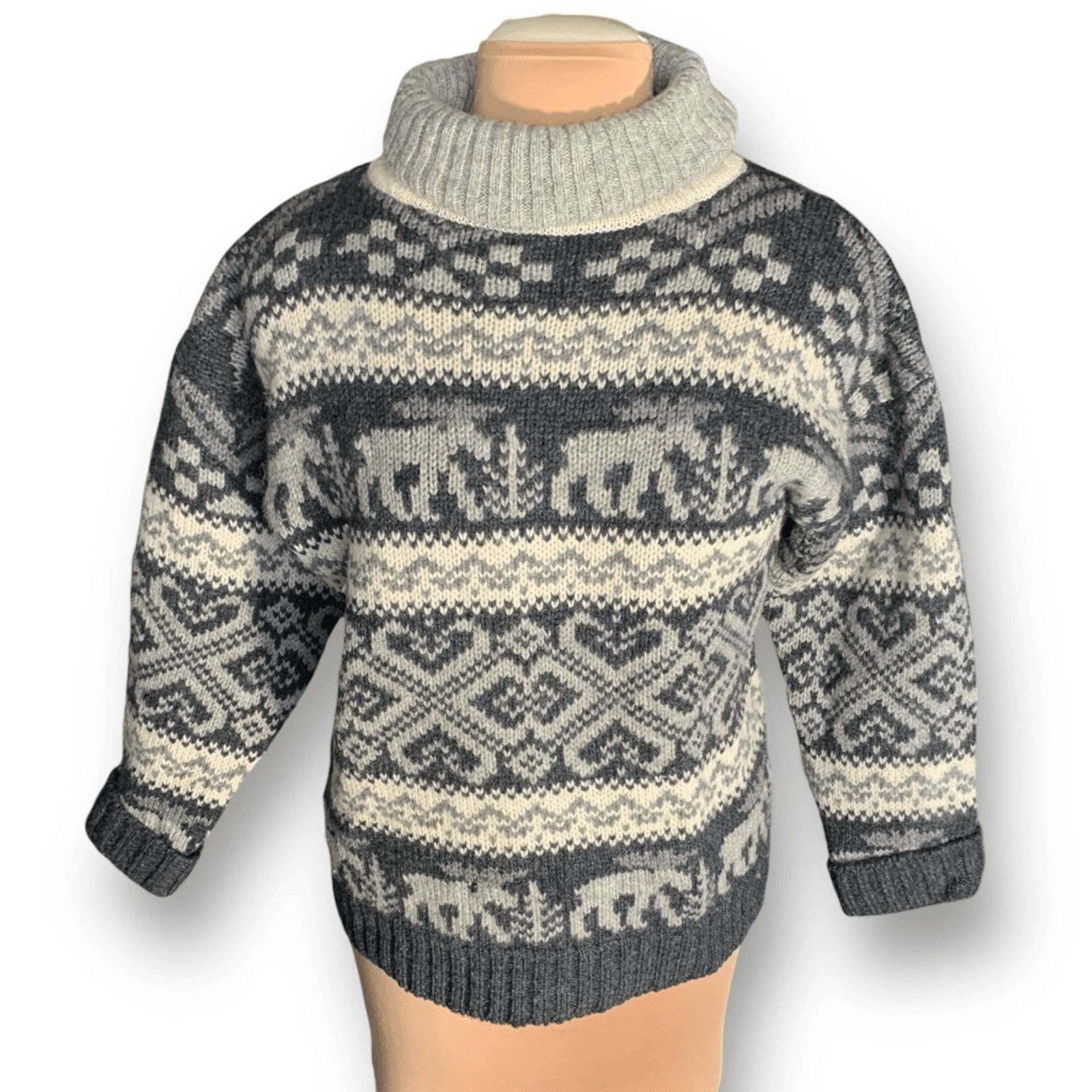 Vintage 90s Eddie Bauer Gray Wool Moose Nordic Fair Isle