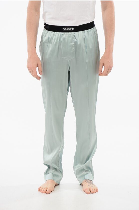 Tom Ford SILK SATIN PIJAMA PANTS WITH VELOUR DETAIL light blue Size US 36 / EU 52 - 1 Thumbnail