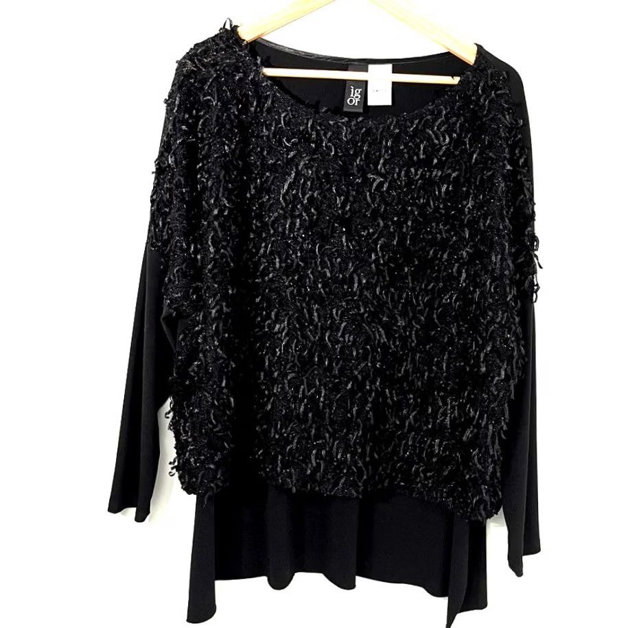 Vintage IGOR Dobranic Cecilia Tunic Blouse Womens L 46/48 Black Textured Fringe Designer Size L / US 10 / IT 46 - 2 Thumbnail