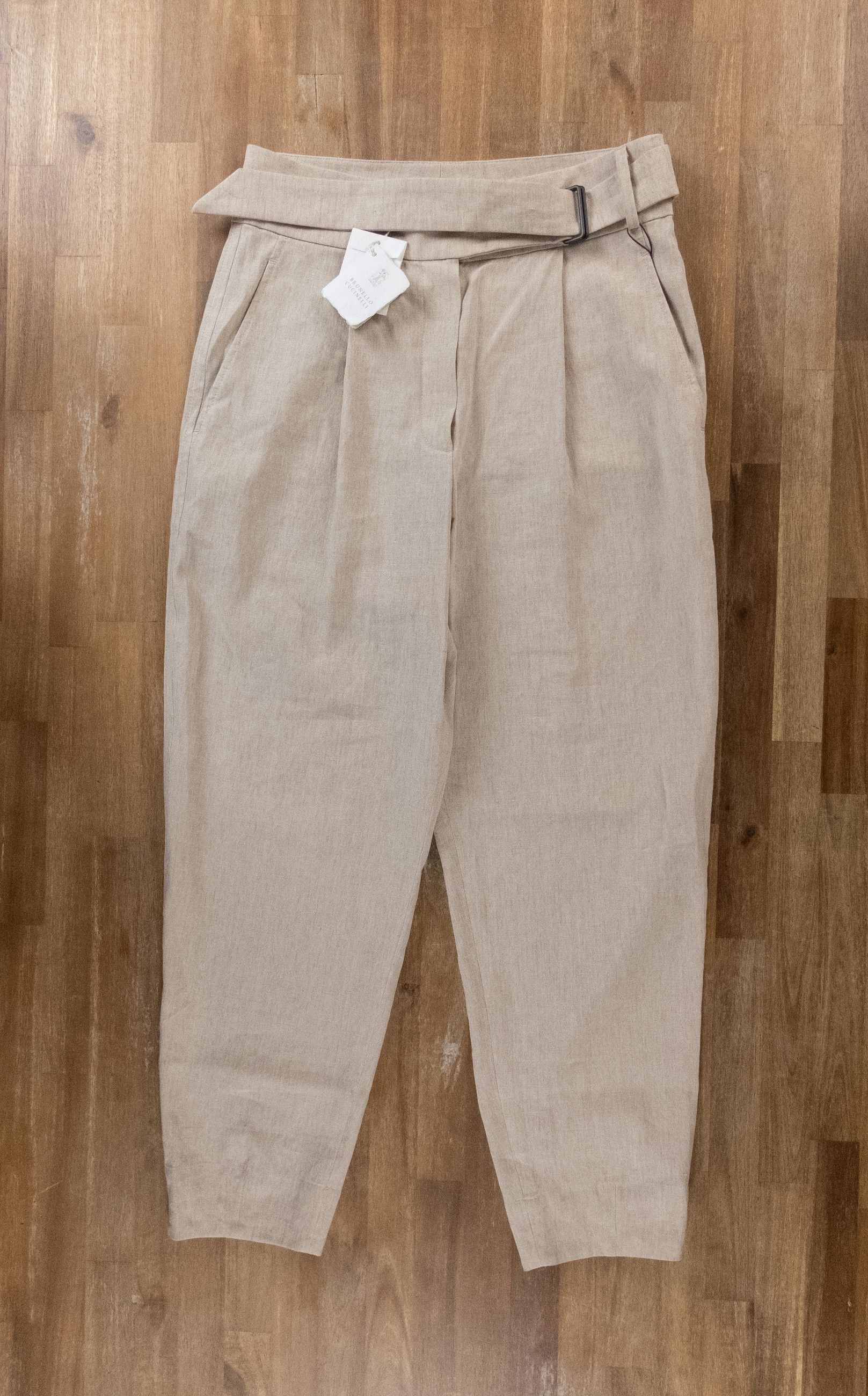 image of Brunello Cucinelli Beige Belted Pleated Linen Pants 8 44, Women's (Size 30)