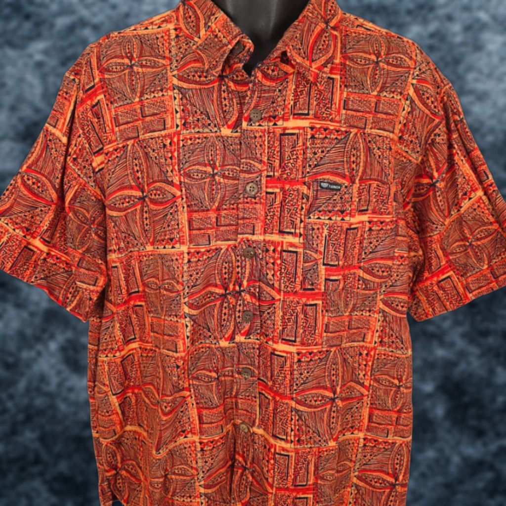 Vintage Tanoa Barkcloth Shirt Mens 2XL Orange All Over Print Abstract Camp Tiki Hawaiian Polynesian Geometric Button-Up Collar-Down Sleeves Short Nightlife? Size US XXL / EU 58 / 5 - 1 Thumbnail