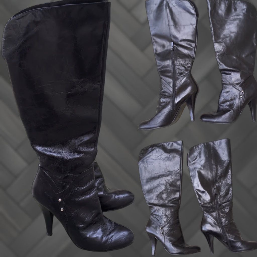 Nine West VINTAGE Nine West Black Leather Distressed Knee High Boots M Size US 8 / IT 38 - 1 Thumbnail