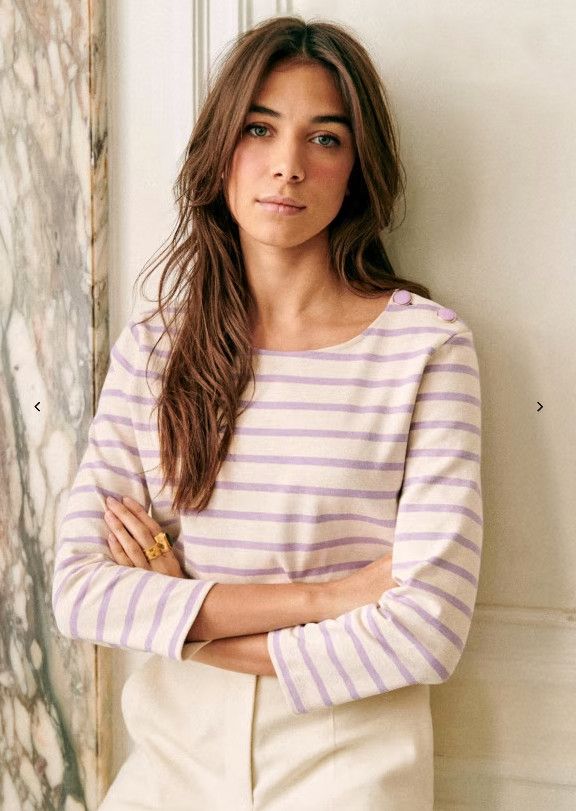 Sezane Sezane Colette Mariniere Ecru / Lilac Organic Cotton T-Shirt Size XS / US 0-2 / IT 36-38 - 1 Thumbnail