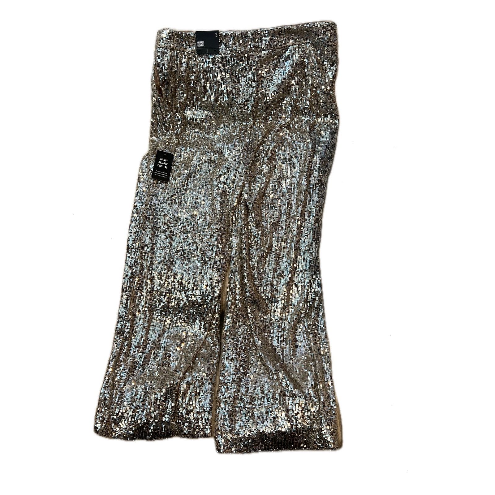 Express Express Silver Sequin High Rise Croppd Wide Leg Pants Wmns S Size 27" / US 4 / IT 40 - 2 Thumbnail