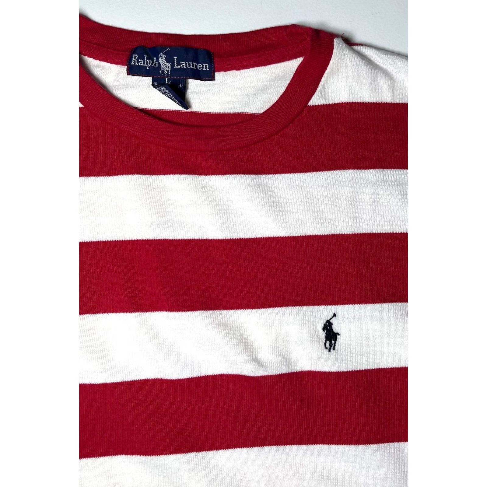 Ralph Lauren VINTAGE Ralph Lauren Mens Pullover Long Sleeve Striped Crew Neck Cotton Made in USA Sz L Red White 90s Retro Classic USA Sweatshirt (Adult) Size US L / EU 52-54 / 3 - 5 Thumbnail