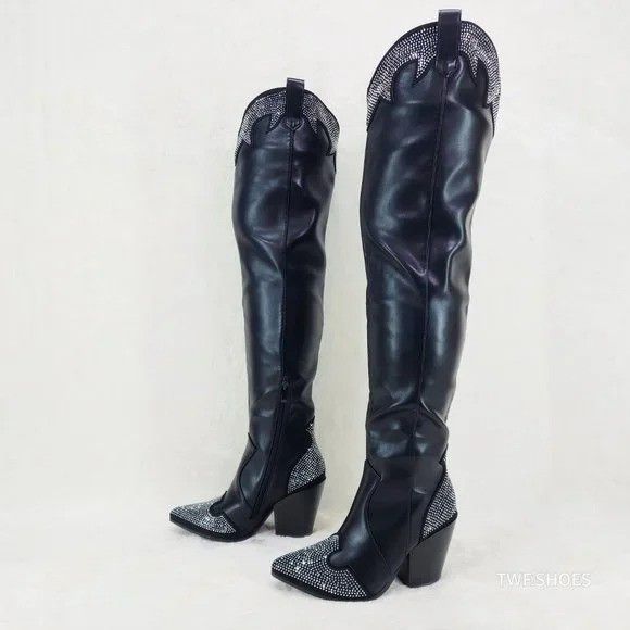 Other Country Western Sexy Black OTK Thigh Boots Rhinestone Trims Size US 8 / IT 38 - 2 Thumbnail
