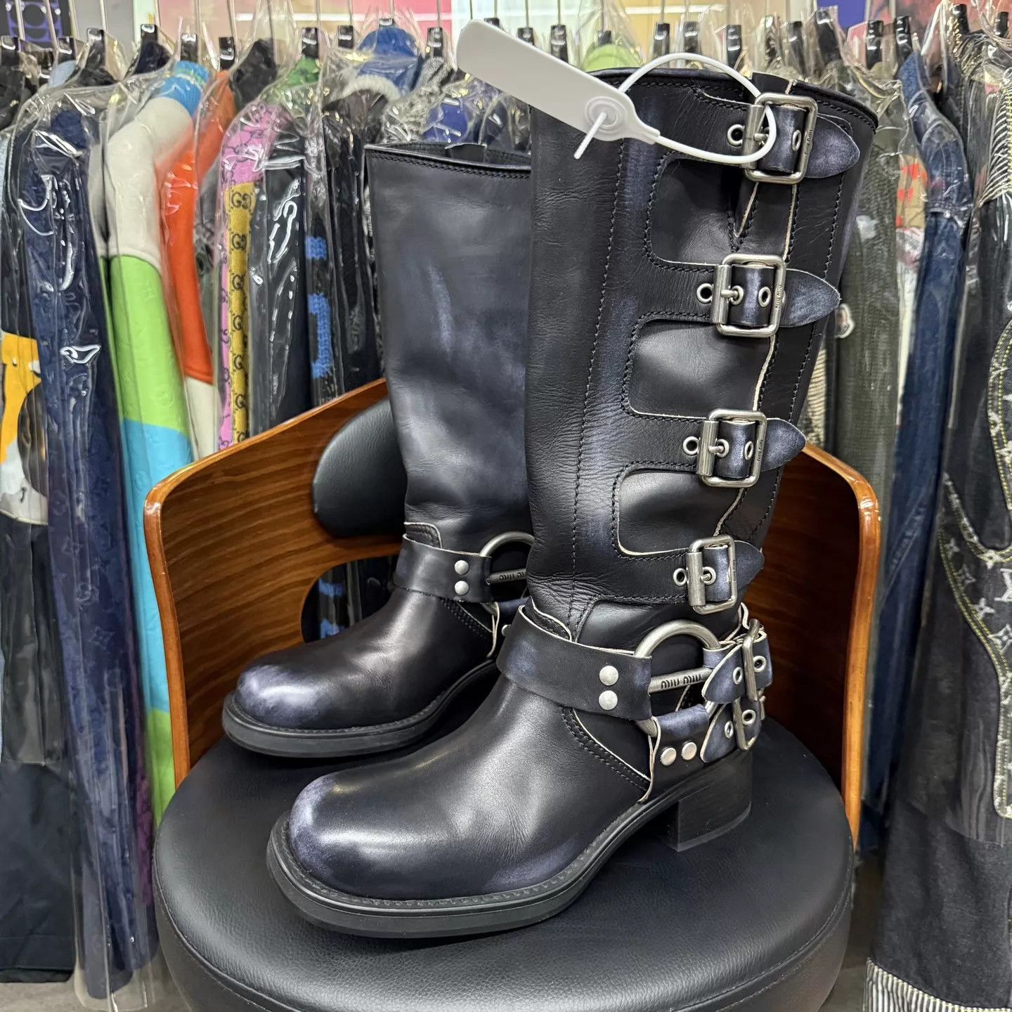 Miu Miu MIU MIU Distressed Calf Leather High Biker Boots 38 9999N Size US 7.5 / IT 37.5 - 1 Thumbnail