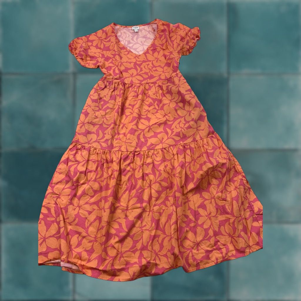 J.Crew J.CREW Dress Womens 4 Pink Floral Puff Sleeve V-Neck Tiered Midi Sundress Size S / US 4 / IT 40 - 1 Thumbnail