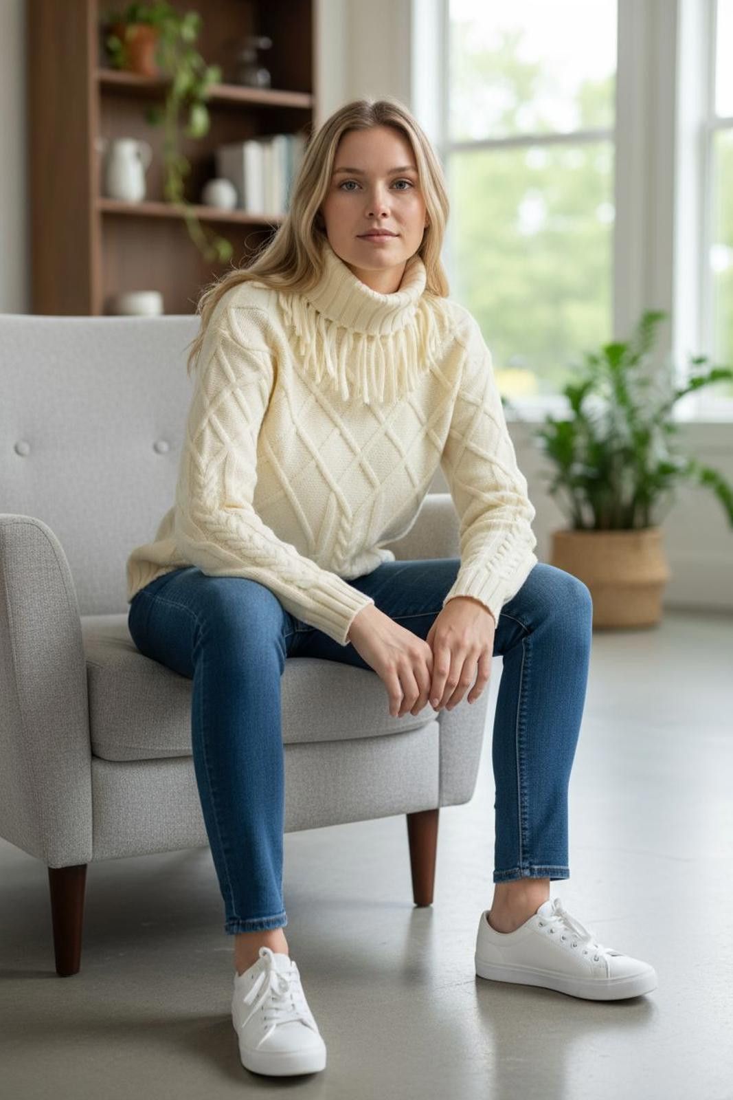Other Draper's & Damons Women's Cream Knit Turtleneck Sweater Size M / US 6-8 / IT 42-44 - 2 Thumbnail